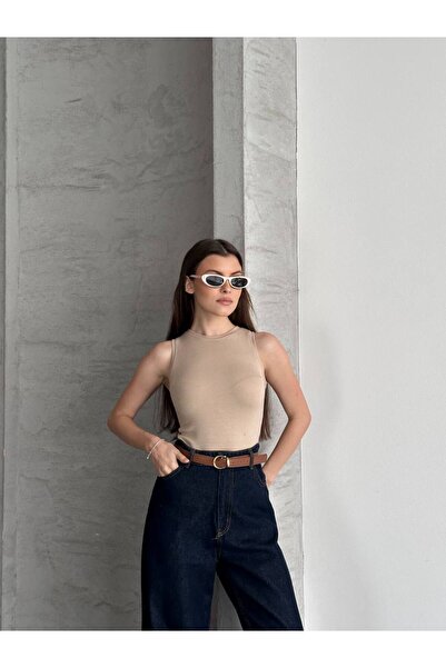 Royteks Fashion Kadın Bej Yuvarlak Yaka Kolsuz Slim Buzzy Badi Body