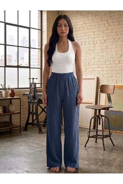 LOUİSA Γυναικείο Σετ με λαιμόκοψη Halter, Λευκό Ύφασμα Μουσελίνας, Μπλε Ινδιγ...