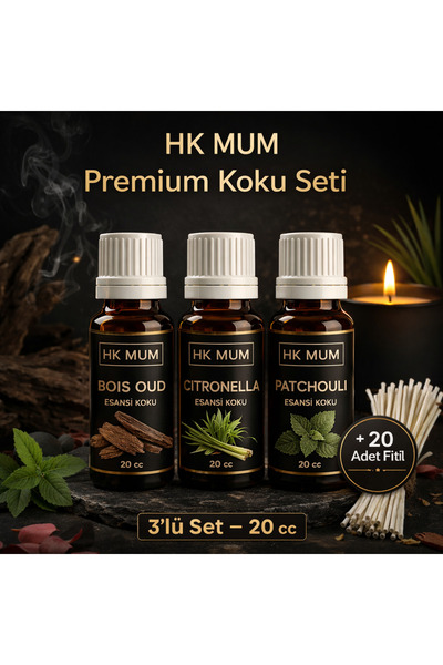 hk Premium Mum Kokuları Seti 3’lü (Bois Oud, Citronella, Patchouli) 20 cc + 2...