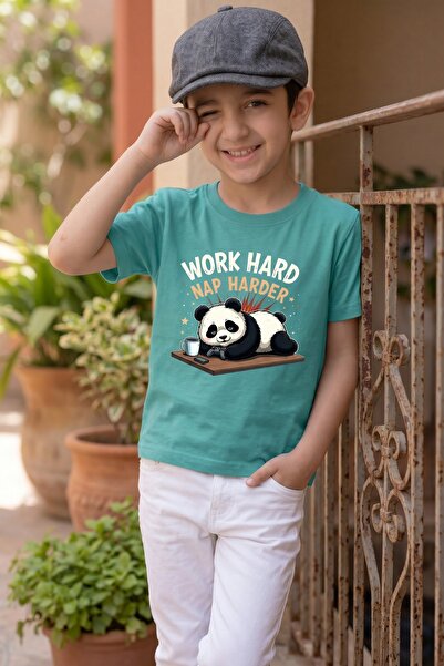 Funkaar Unisex Kids' Work Hard, Nap Harder Panda Cotton T-Shirt