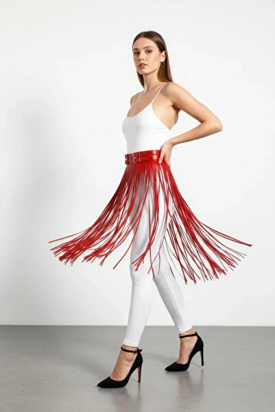 Mariposa Secret Red Skirt Tasseled Faux Leather Skirt High Waist Skirt - Brf1090