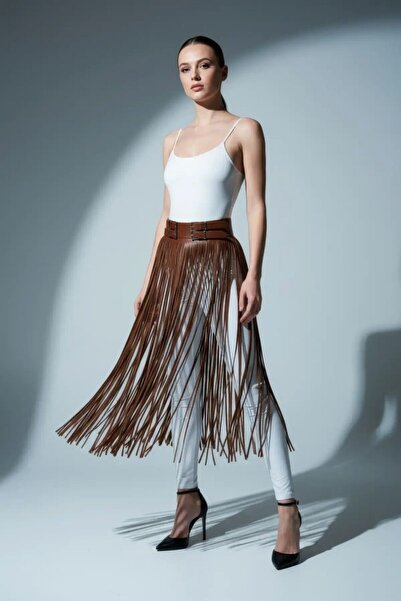 Mariposa Secret Brown Skirt Leather Look Tasseled High Waist Skirt - Brf1090
