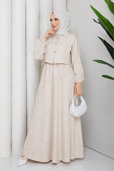 Neşeli Butik γυναικείο μπεζ πουκάμισο με λεπτομέρειες, μάξι μήκους, ριγέ, με ...