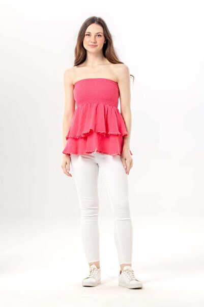 Eliş Şile Bezi Sevilay Πολυεπίπεδη Μπλούζα-Φούστα Μουσελίνας με Βολάν Ροζ Pmb