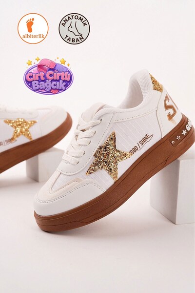AlbiShoes Pantofi sport casual pentru fete, cu detaliu stea, cu șireturi cu v...