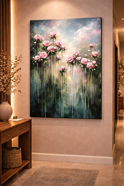 EvimeTablo Pembe Çiçekli Soyut Kanvas Tablo – Pastel Tonlu Modern Duvar Dekor...