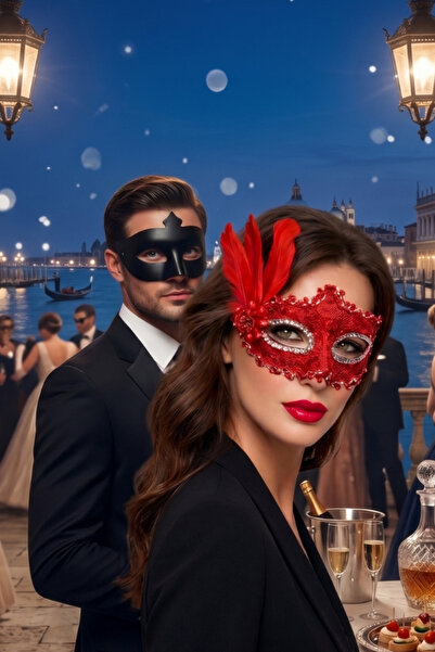 shop İkili Lüks Balo Maske Seti - Kırmızı Kristal İşlemeli Kadın Maskesi ve P...