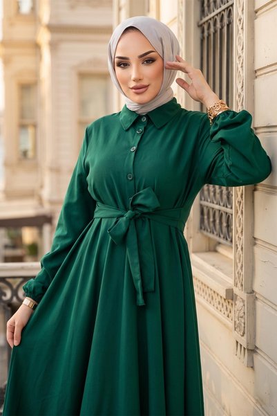 hafsamina Belted Mevlana Dress Emerald Green Hm2105