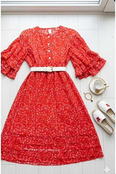 ARBİ kids Κοριτσίστικο μακρύ φόρεμα με κόκκινο φλοράλ σχέδιο, μισό μανίκι, ζώ...