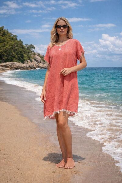 DRESSY LIFE Φόρεμα παραλίας με φούντες από λεπτή μουσελίνα, 100% βαμβάκι