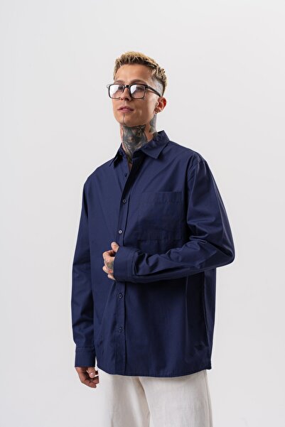 Respire Ανδρικό πουκάμισο ποπλίνα oversize σε μπλε ναυτικό χρώμα