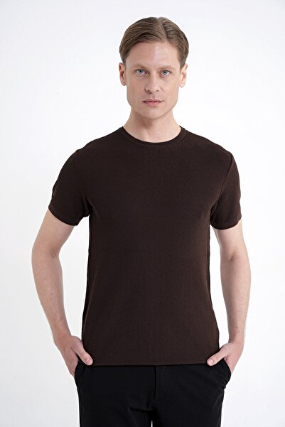 Efor Comfort Fit Rayon Karışımlı Bisiklet Yaka Kahverengi Triko Tişört TS 925