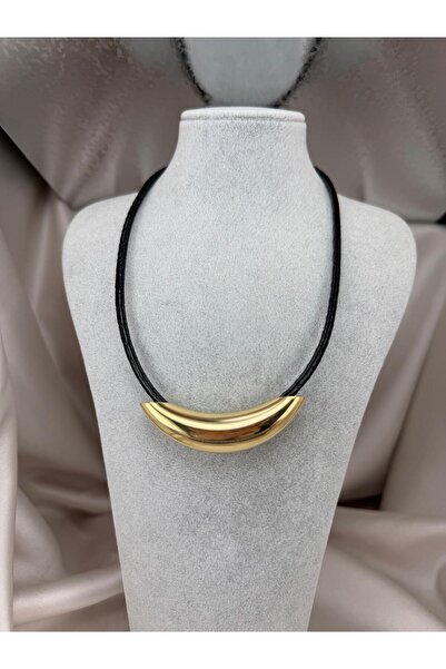 ZS Aksesuar Black Cord with Gold Color Half Moon Form Pendant Modern Statemen...