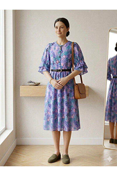 ARBİ kids Κοριτσίστικο φόρεμα με λουλουδάτο σχέδιο, υφασμάτινο με ζώνη, μισό ...