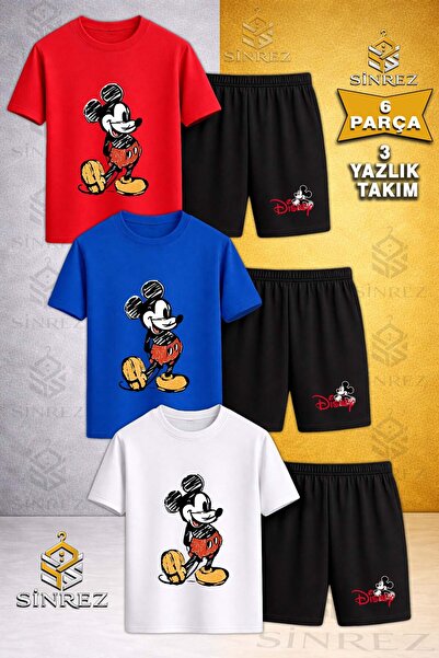 SİNREZ Children's Mcky Painting Drawing Printed Crew Neck 3-Piece T-Shirt - S...