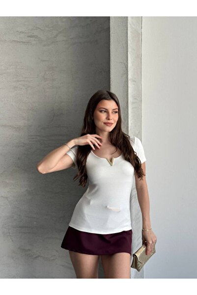Royteks Fashion Women's White V-Neck Short Sleeve Slim Buzzy Metal Detailed B...