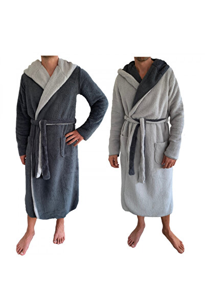JEMIDI Reversible bathrobe for men, L, Grey / Blue, Polyester, 55435.25.3