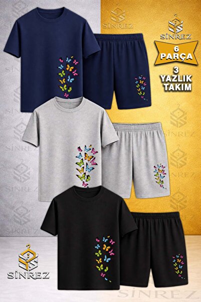 SİNREZ Children's Coklu Kelbk Soleni Printed Crew Neck 3-Piece T-Shirt - Shor...