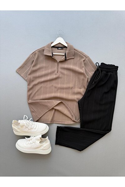 Baycombine35 Raporlu Ottoman Καφέ Μπλουζάκι με Μισό Φερμουάρ - Μαύρο Σετ Παντ...