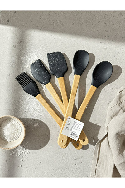 Tasarım Evi 5 Parça Mini Bambu Saplı Silikon Spatula Ve Hazırlık Seti