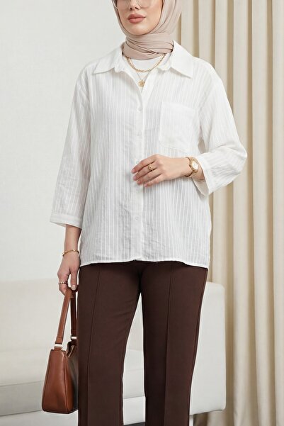 Modamorfo Πουκάμισο με λαιμόκοψη V και μία τσέπη από τένσελ, ημιδιαφανές ριγέ...