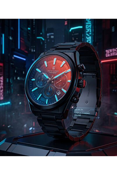 DAVID GUNER Erkek Saat 43 mm Büyük Kasa Siyah Çelik Renkli Cam Chronograph Ko...