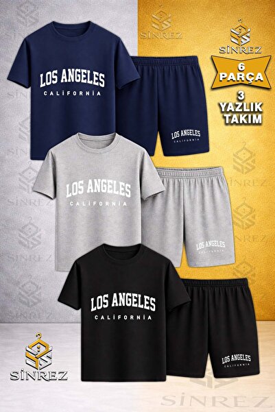 SİNREZ Çocuk LOS ANGELES CALIFORNIA BEYAZ Baskılı Bisiklet Yaka 3 Lü Tişört -...