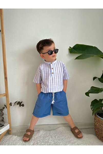 RÜYA KİDS Boy's Summer Striped Linen Top and Bottom Set
