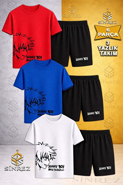 SİNREZ Tricou pentru copii SUNNY BOY BLACK cu imprimeu, cu gât rotund, 3 pies...