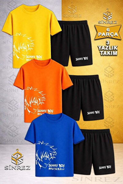SİNREZ Çocuk SUNNY BOY BEYAZ Baskılı Bisiklet Yaka 3 Lü Tişört - Şort Takım