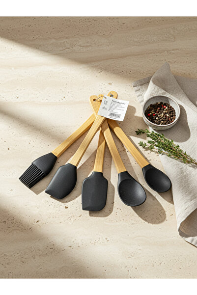 Tasarım Evi 5 Parça Mini Bambu Saplı Silikon Spatula Ve Hazırlık Seti