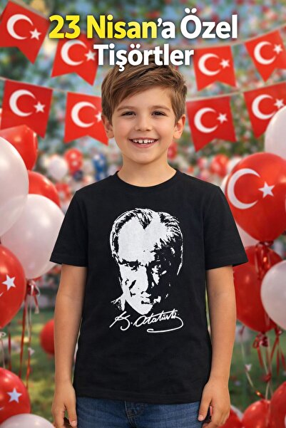 23 Nisan Atatürk Baskılı Unisex Çocuk Tişört Siyah Kısa Kollu