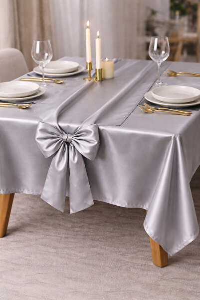 Cherry Bloom Cotton Σατέν τραπεζομάντηλο γκρι με φιόγκο