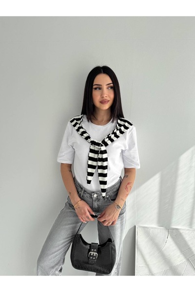 PIOVE Women's Scarf Detailed T-Shirt – Basic Stylish T-Shirt with Scarf