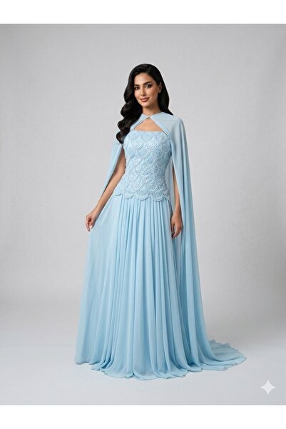 TOP BERLANTY "Cloud" Evening Dress in Sky Blue with Royal Cape