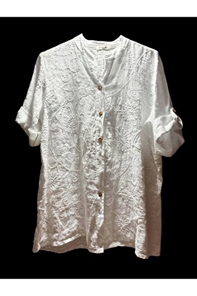 Vardis Women's 100% Linen Oversize Suze Embroidered Mandarin Collar Puro Lino...