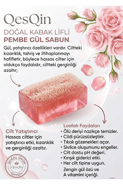 QesQin Doğal Kabak Lifli Pembe Gül Sabunu 110 Gr Peeling Etkili Nemlendirici ...