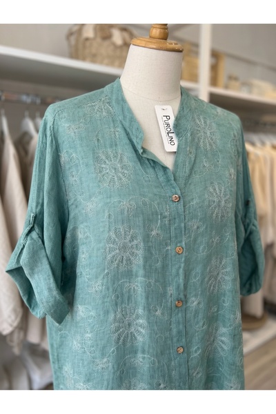 Vardis Women's 100% Linen Oversize Suze Embroidered Mandarin Collar Puro Lino...