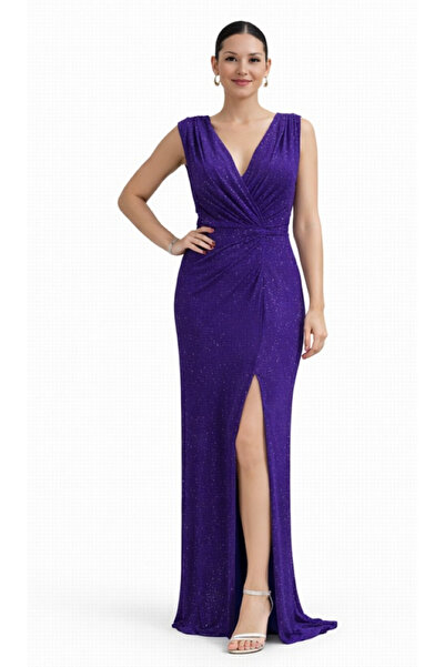 Elysion Collection KADIN V YAKA BEL BÜZGÜ DETAYLI YIRTMAÇLI TAŞ BASKILI ŞIK E...