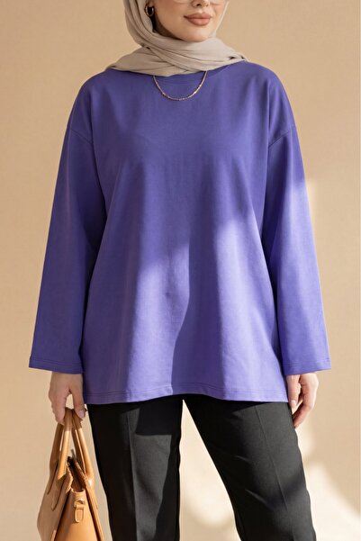 Modamorfo Στρογγυλή λαιμόκοψη, χαλαρό χτενισμένο βαμβακερό τουνίκ - μωβ