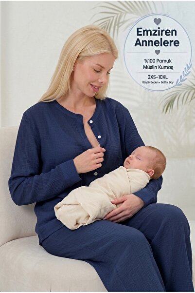 RELAXL 100% βαμβακερό ύφασμα μουσελίνας, ναυτικό μπλε σετ γυναικείες πιτζάμες...