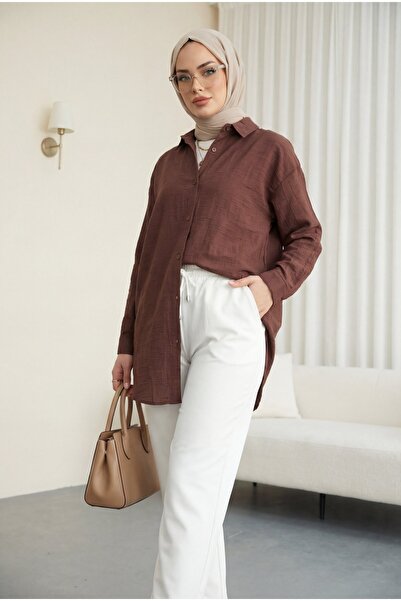 Modamorfo Πουκάμισο με οβάλ κουμπιά - καφέ