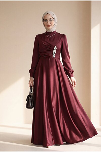 Modamorfo Σατέν φόρεμα με πέτρινη λεπτομέρεια και ντραπέ μπροστά - μπορντό