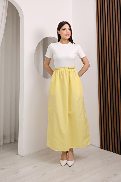 MİROR Γυναικείο φόρεμα με κοντό μανίκι και ζώνη, διπλό μάξι σε συνδυασμό χρωμ...