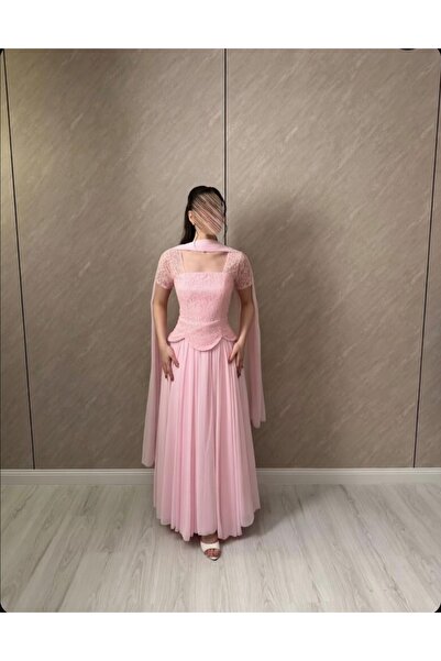 ALANOOD فستان سهرة وردي مع شال