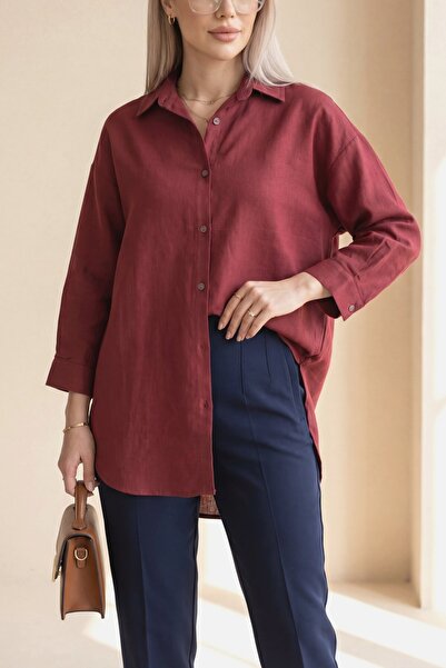 Modamorfo Πουκάμισο από λινό με κουμπιά - μπορντό