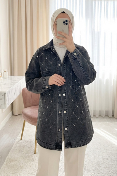 Modamorfo Τζιν μπουφάν με διπλές τσέπες, πέτρινο, με κουμπιά μπροστά - καπνιστό