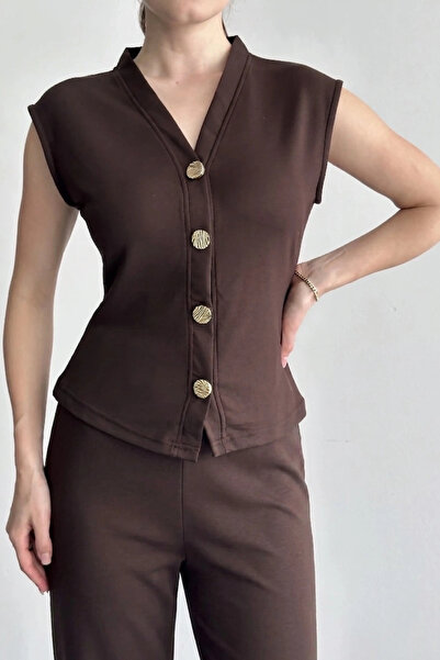 URİS Γυναικείο Καφέ Κομψό Παντελόνι με Φαρδιά Μπατζάκια και Λεπτομέρεια με Κο...