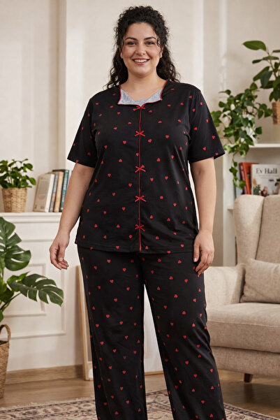 Silona Homewear Μαύρο Σετ Πιτζάμες με Κόκκινες Καρδιές, Μεγάλο Μέγεθος, Κοντο...