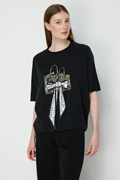 On Fashion On Printed Ribbon Detailed T-Shirt-76330